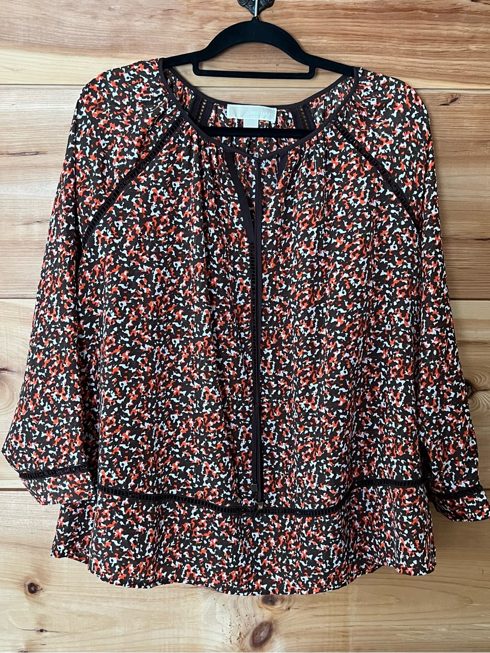 Michael Kors Orange, Brown & Cream Printed Peasant Blouse Boho Autumn Breezy